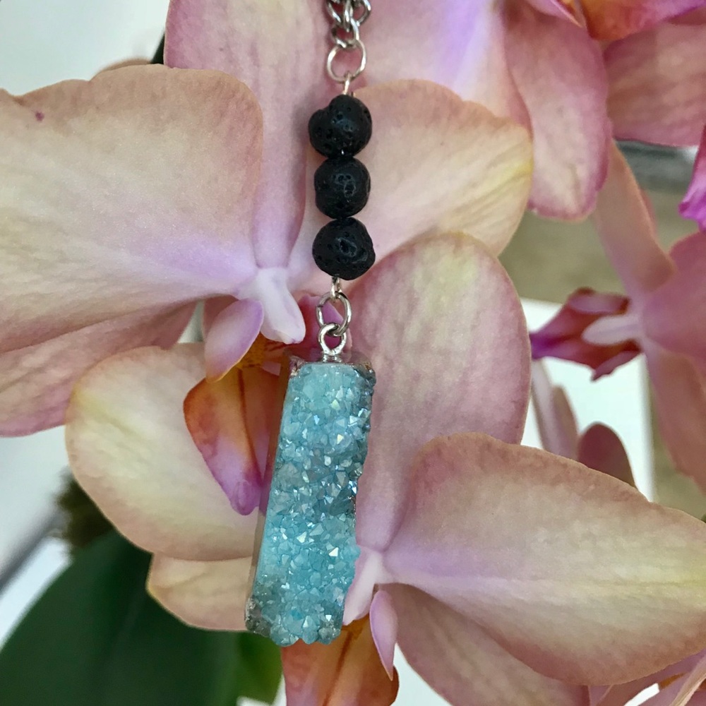 Blue Druzy Lava Bead Silver Necklace